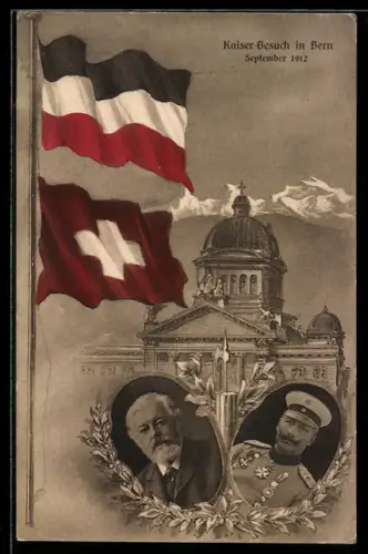 AK Bern, Kaiser Wilhelm II. besucht die Stadt im September 1912, Flagge und Ortspartie