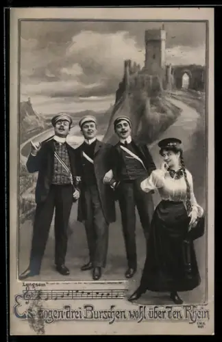 Lied-AK Es zogen drei Burschen wohl über den Rhein, drei Studenten beim Singen, die hübsche Briefträgerin hört zu
