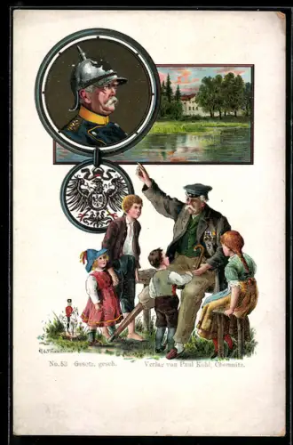 Künstler-AK E. Wittmüller: Fürst Bismarck mit Pickelhaube, Bismarck erzählt Kindern Geschichten