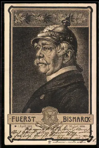 Künstler-AK Reichskanzler Fuerst Bismarck in Uniform mit Pickelhaube