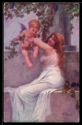 Künstler-AK Fr. Klimes: Liebesgott, junge Frau mit Amor