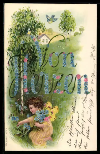 AK Elfe pflückt Vergissmeinnicht