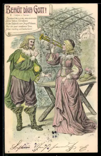 Lithographie Behüt dich Gott, Frau verkündet mit Trompete das Wort Gottes