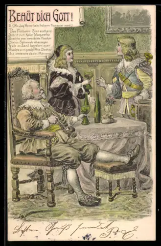 AK Trompeter von Säckingen mit Frau und Mann beim Weintrinken, Vers, Goldverzierungen