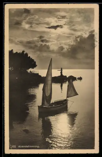 AK Abbazia, Abendstimmung am Meer mit Segelboot
