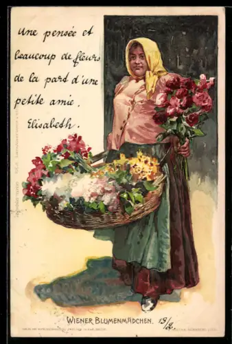 Lithographie Wiener Blumenmädchen
