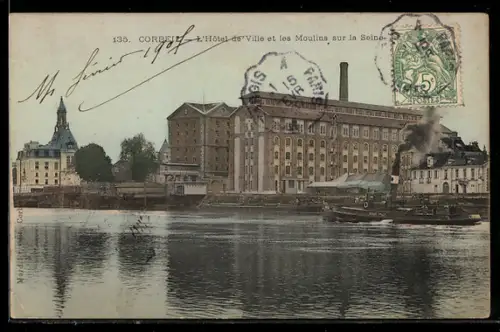 AK Corbeil, LHôtel de Ville et les Moulins sur la Seine