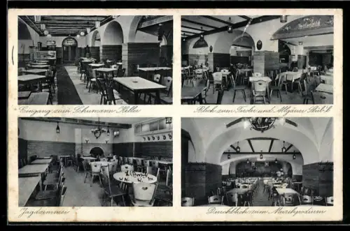 AK Frankfurt /Main, Gasthaus Schumann-Keller, Jagdzimmer, Musikpodium, Tiroler u. Allgäuer Stübl, Innenansichten