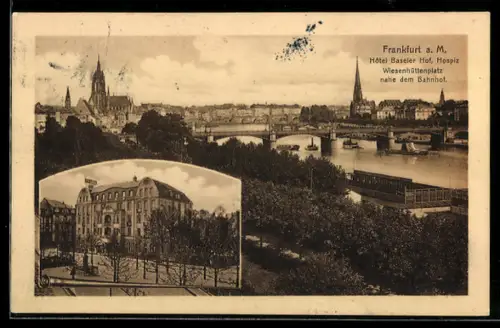 AK Frankfurt a. M., Hotel Baseler Hof, Hospiz Wiesenhüttenplatz, Panorama mit Kirche