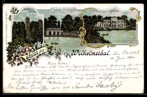 Lithographie Wilhelmsthal / Gerstungen, Ortsansicht mit Schloss und Grotte