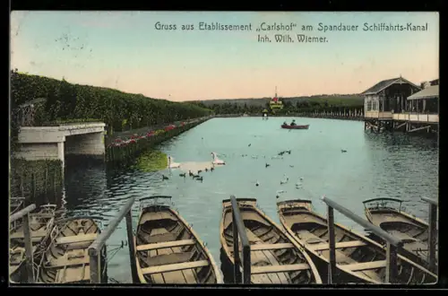 AK Berlin-Charlottenburg, Gasthaus Carlshof am Spandauer Schiffahrts-Kananl