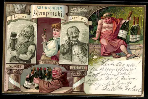 Lithographie Berlin, Trinkende Männer in der Weinstube Kempinski