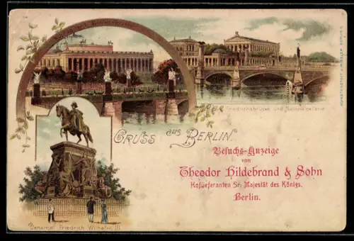 Lithographie Berlin, Besuchs-Anzeige von Theodor Hildebrand & Sohn, Friedrichsbrücke und Nationalgalerie