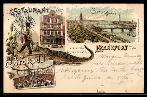 Lithographie Frankfurt, Restaurant zum Krokodil, Zeil 39, Innenansicht, Brauerei & Essighaus, Panorama mit Dampfschiff