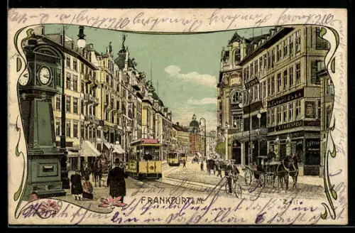 Lithographie Frankfurt a. M., Strassenpartie mit Uhr, Geschäften und Strassenbahnen