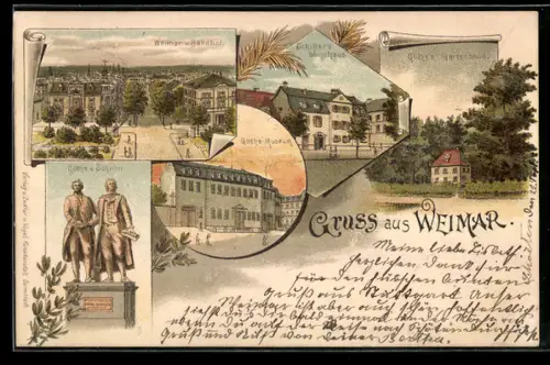 Lithographie Weimar, Göthe`s Gartenhaus, Schiller`s Wohnhaus, Teilansicht mit Strassenpartie v. Bahnhof