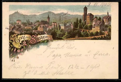 Lithographie Sinsheim, Teilansicht mit Kirche