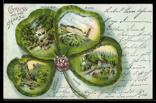 Passepartout-Lithographie Brocken / Harz, Bodentor mit Kronentempel, Radaufall aus der Vogelschau, Kleeblatt