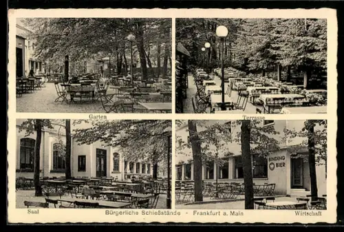 AK Frankfurt-Niederrad, Gasthaus Bürgerliche Schiessstände, Terrasse, Garten, Saal und Wirtschaft