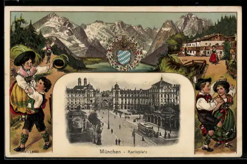 Passepartout-Lithographie München, Karlsplatz mit Strassenbahn, Paare beim Tanz, Wappen