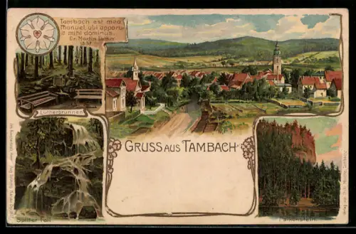 Lithographie Tambach, Falkenstein, Lutherbrunnen, Spitter Fall