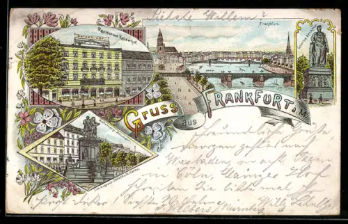 Lithographie Frankfurt a. M., Restaurant Kaiserhof, Goethe-Denkmal, Guttenberg-Monument