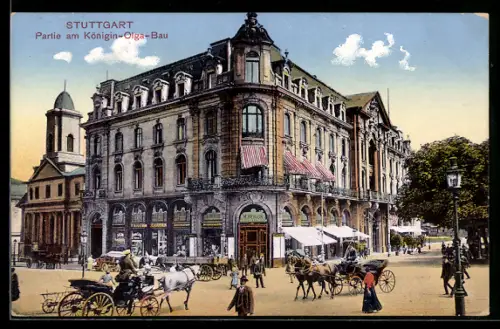 AK Stuttgart, Strassenpartie am Königin-Olga-Bau mit Geschäft von H. Herion
