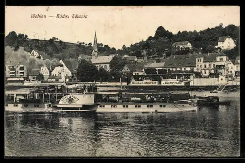 AK Wehlen /Sächs. Schweiz, Hotel-Restaurant Elbterrasse mit Kirche und Dampfer MS König Albert