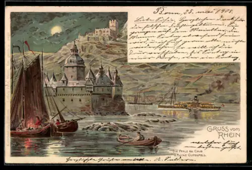 AK Caub, Segelboote & Dampfer vor der Burg Pfalzgrafenstein