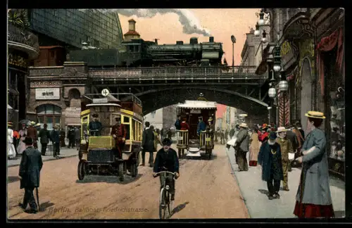 AK Berlin, Bahnhof Friedrichstrasse mit herausfahrender Eisenbahn