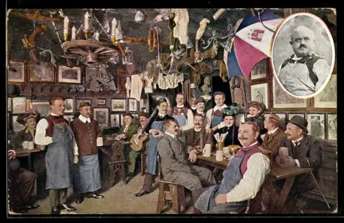 AK Berlin, Gasthaus Alte Bauernschänke, Jägerstrasse 69, Kellner, Porträt, Innenansicht