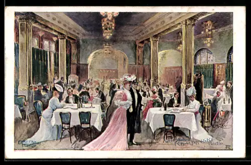 Künstler-AK Berlin, Gesellschaft im Erkersaal der Weinstuben Kempinski