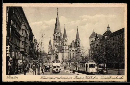 AK Berlin, Tauentzienstrasse mit Kaiser Wilhelm-Gedächtniskirche, Strassenbahn