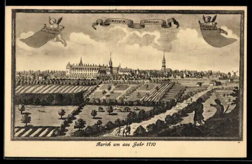 Künstler-AK Aurich, Ortsansicht 1710