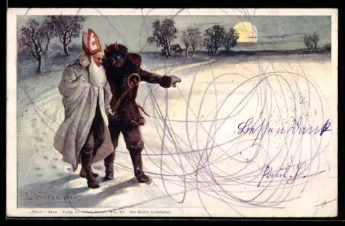 Künstler-AK E. Döcker: Heiliger Nikolaus und Krampus zusammen in einer Winterlandschaft bei Nacht