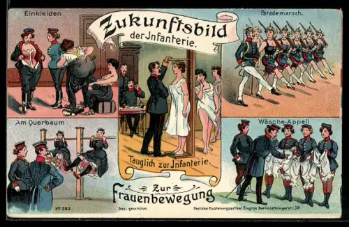 AK Zukunftsbild aus dem Heere, Frauen bei der Musterung, beim Enkleiden und der Ausbildung