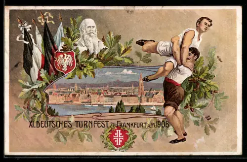 AK Frankfurt / Main, XI. Deutsches Turnfest 1908, Stadtpanorama, Portrait Turnvater Jahn, Flaggen und Wappen