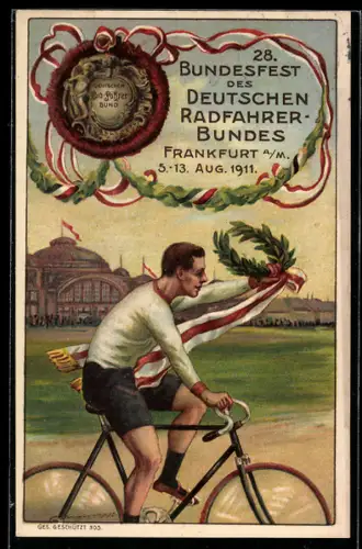 Künstler-AK Frankfurt, 28. Bundesfest des Deutschen Radfahrer-Bundes 1911, Radsportler