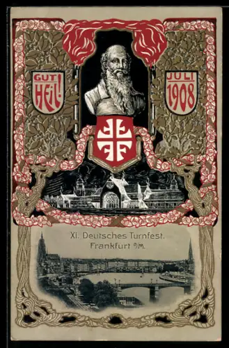 Passepartout-AK Frankfurt a. M., XI. Deutsches Turnfest, Teilansicht mit Brücke, Portrait von Turnvater Jahn