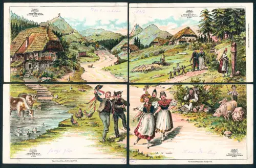 Puzzle-AK Bäuerliche Bergdorfszene mit Anwohnern in Tracht