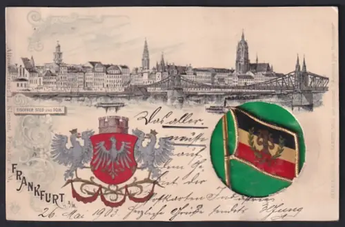 AK Alt-Frankfurt, Stadtansicht mit Eisernem Steg und Dom, Wappen und einmontiertes Abzeichen