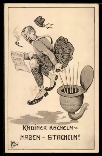 Künstler-AK Schottischer Soldat beim Klogang sticht sich an Kadiner Kacheln