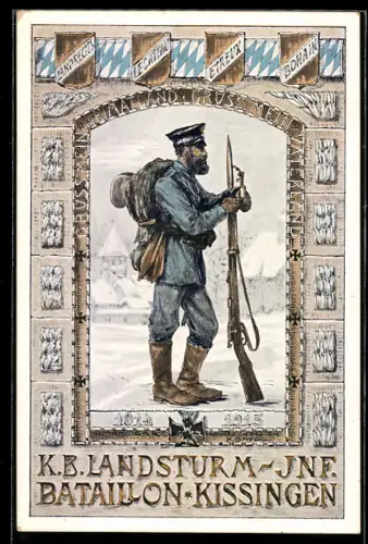 AK Bad Kissingen, K. B. Landsturm-Inf. Bataillon 1914-15, Soldat mit Gepäck und Waffe