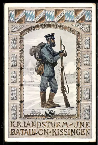 AK Bad Kissingen, K. B. Landsturm-Inf. Bataillon 1914-15, Soldat mit Gepäck und Waffe