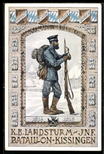 AK Bad Kissingen, K. B. Landsturm-Inf. Bataillon 1914-15, Soldat mit Gepäck und Waffe