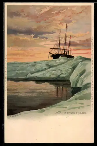 Lithographie Nansen-Expedition zum Nordpol, Segelschiff gefangen im Eis