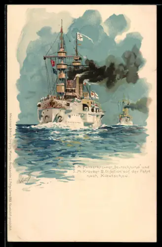 Künstler-Lithographie Hans Bohrdt: SM Panzerkreuzer Deutschland und SM Kreuzer Gefion auf Fahrt nach Kiautschou