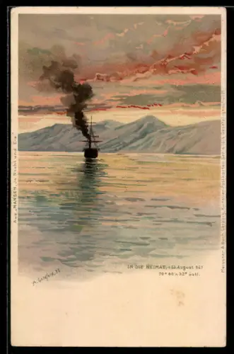 AK In die Heimat, Schiff vor der Küste, Nansen-Expedition 1896