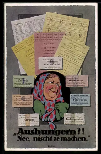 Künstler-AK Kallista: Aushungern?! Nee, nischt ze machen., Frau schaut zu den Lebensmittelkarten, Kriegsnot