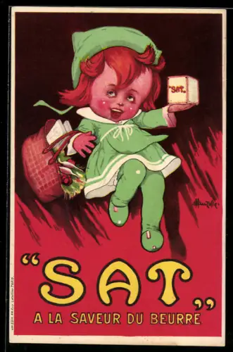 AK kleines Mädchen mit Korb und einem Stück SAT-Butter, Reklame